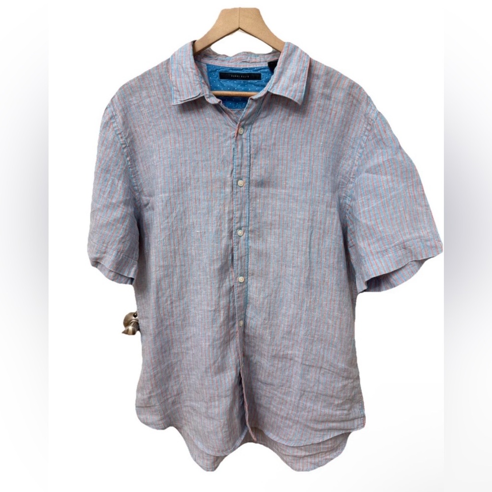 Perry Ellis Button Up Shirt‎ XL Blue Orange Striped 100% Linen Short Sleeve Camp